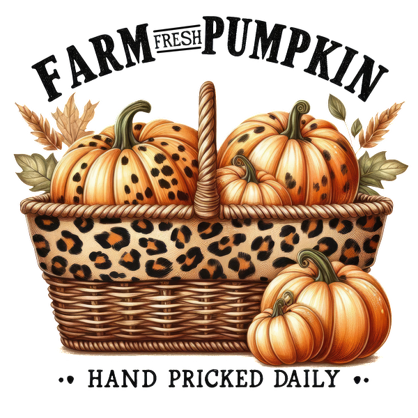 A charming basket featuring hand-picked pumpkins in vibrant orange, accented with a stylish leopard print and autumn leaves. dtf transfers