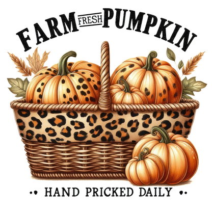 A charming basket featuring hand-picked pumpkins in vibrant orange, accented with a stylish leopard print and autumn leaves. dtf transfers