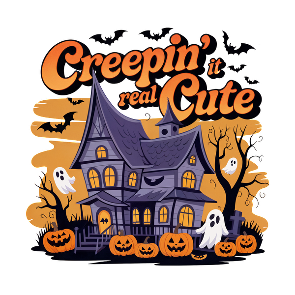 Una divertida ilustración con temática de Halloween que presenta una casa espeluznante, fantasmas divertidos, calabazas y la frase "Creepin' it real Cute".