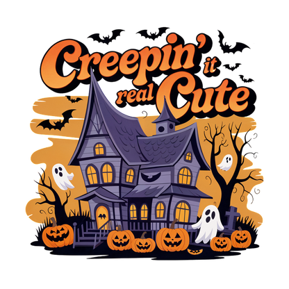 Una divertida ilustración con temática de Halloween que presenta una casa espeluznante, fantasmas divertidos, calabazas y la frase "Creepin' it real Cute".