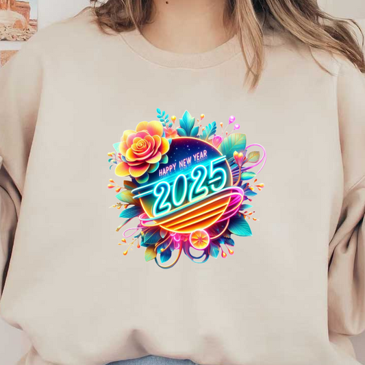 Celebrate the vibrant spirit of the New Year 2025 with this colorful and floral design, featuring festive elements and bright typography!DTF Transfers