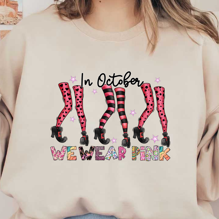 Celebrate October with stylish pink-themed leg designs, featuring fun patterns and bold heels, perfect for raising awareness!DTF Transfers heat press transfers dtf transfers