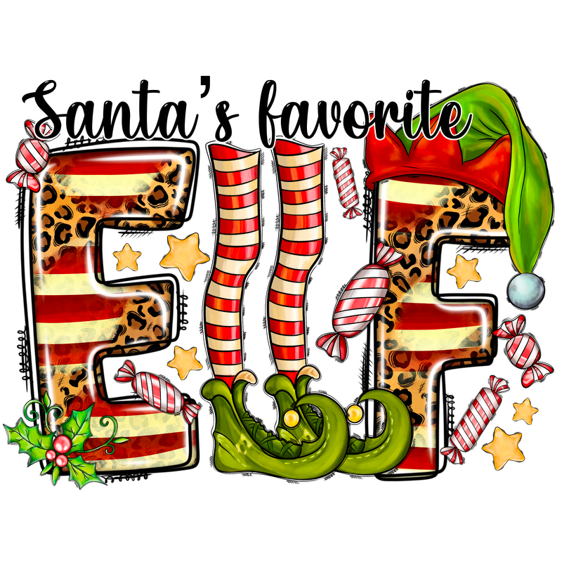 A festive design featuring the phrase "Santa's favorite Elf" in playful fonts, adorned with candy, stars, and an elf hat.DTF Transfers dtf transfers dtf prints