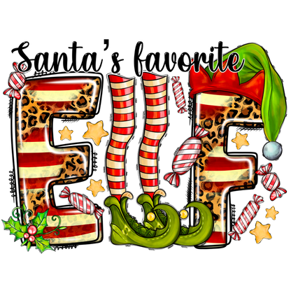 A festive design featuring the phrase "Santa's favorite Elf" in playful fonts, adorned with candy, stars, and an elf hat.DTF Transfers dtf transfers dtf prints