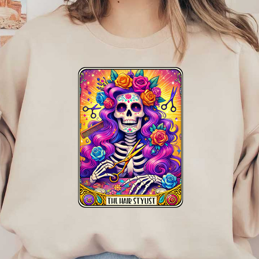 A vibrant illustration of a skeleton hair stylist adorned with colorful roses and playful hair tools, celebrating creativity and style. heat press transfers