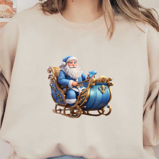 A cheerful Santa in a decorative blue sleigh holds a mug and looks ready for holiday adventures.DTF Transfers dtf transfers