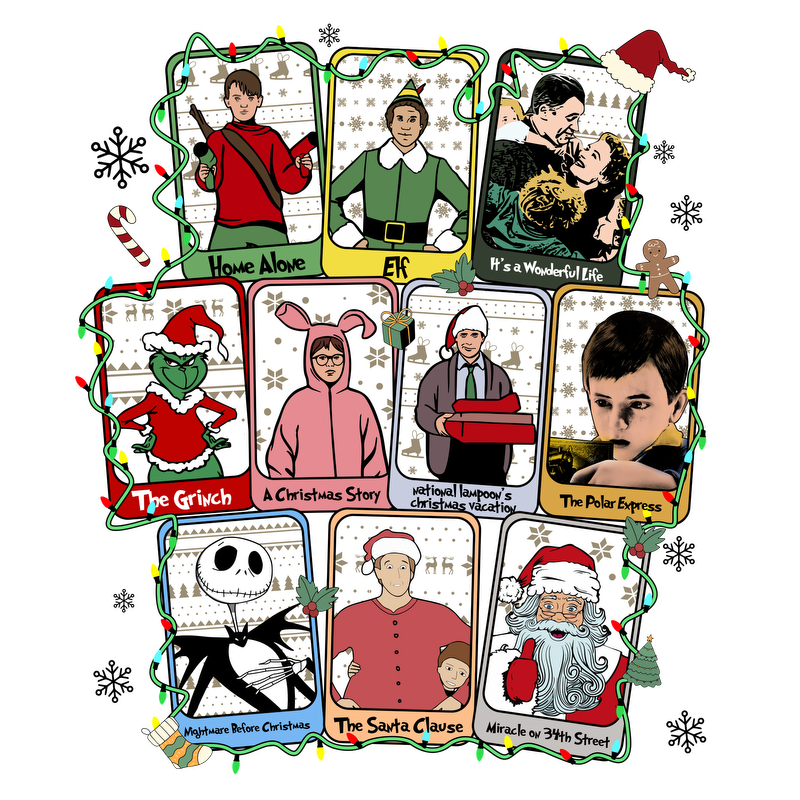 Celebrate the holiday spirit with this festive design featuring iconic scenes from classic Christmas movies, adorned with lights and decorations.DTF Transfersdtf regular irondtf regular iron