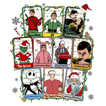 Celebrate the holiday spirit with this festive design featuring iconic scenes from classic Christmas movies, adorned with lights and decorations.DTF Transfersdtf regular irondtf regular iron