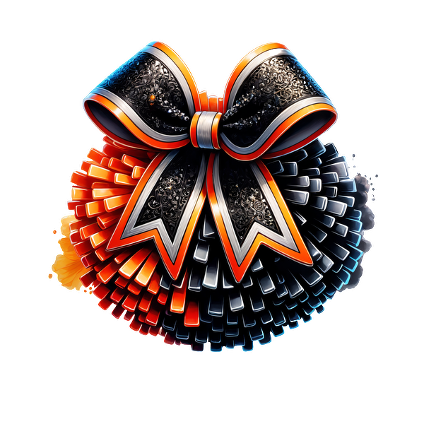 A vibrant, decorative pom-pom featuring a large, ornate black bow with orange and silver accents for a festive touch.DTF Transfers heat press transfers