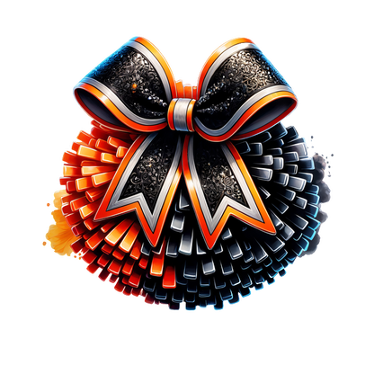 A vibrant, decorative pom-pom featuring a large, ornate black bow with orange and silver accents for a festive touch.DTF Transfers heat press transfers