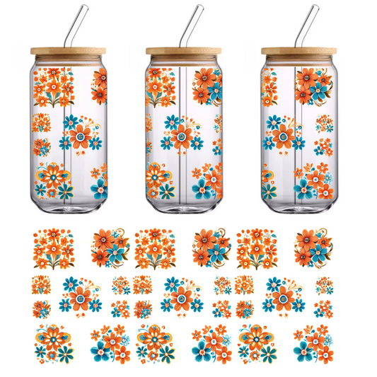 A vibrant collection of floral designs featuring orange, blue, and yellow flowers, perfect for various decorative applications.UV Transfers heat press transfers