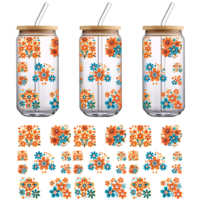 A vibrant collection of floral designs featuring orange and blue flowers, perfect for decorative crafts and embellishments.UV Transfers dtf prints