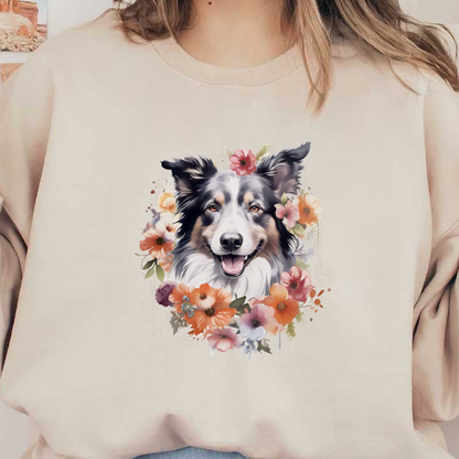 A cheerful border collie surrounded by vibrant flowers, creating a joyful and colorful floral portrait. heat press transfers