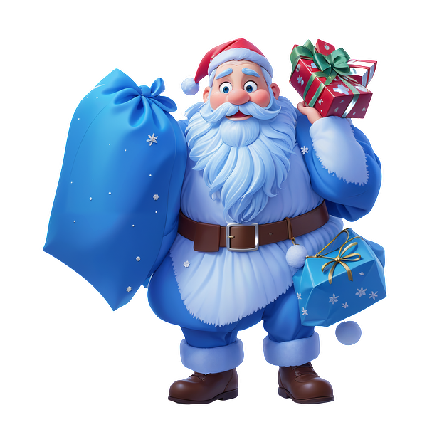 A cheerful, cartoon-style Santa Claus in a blue outfit holds a bag and colorful wrapped gifts, spreading festive joy.DTF Transfers heat press transfers