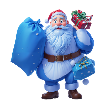 A cheerful, cartoon-style Santa Claus in a blue outfit holds a bag and colorful wrapped gifts, spreading festive joy.DTF Transfers heat press transfers