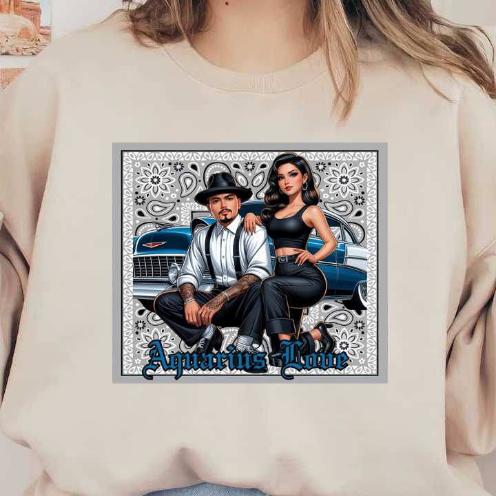 Una elegante pareja vestida con ropa vintage posa junto a un coche clásico, representando el "Amor de Acuario" con un toque creativo y artístico.