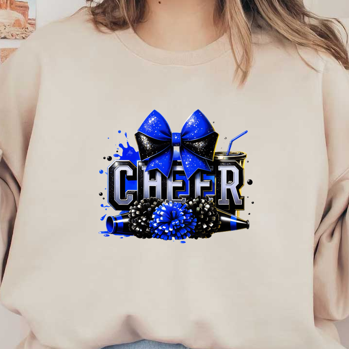 Celebrate in style with this vibrant "CHEER" graphic featuring a festive blue bow, pom-poms, and decorative elements!DTF Transfers dtf prints