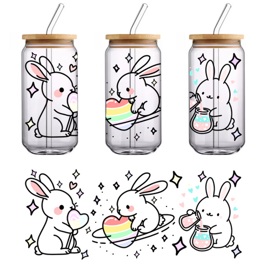 Rainbow strawberry necklace with a bunny and crystal.UV Transfers