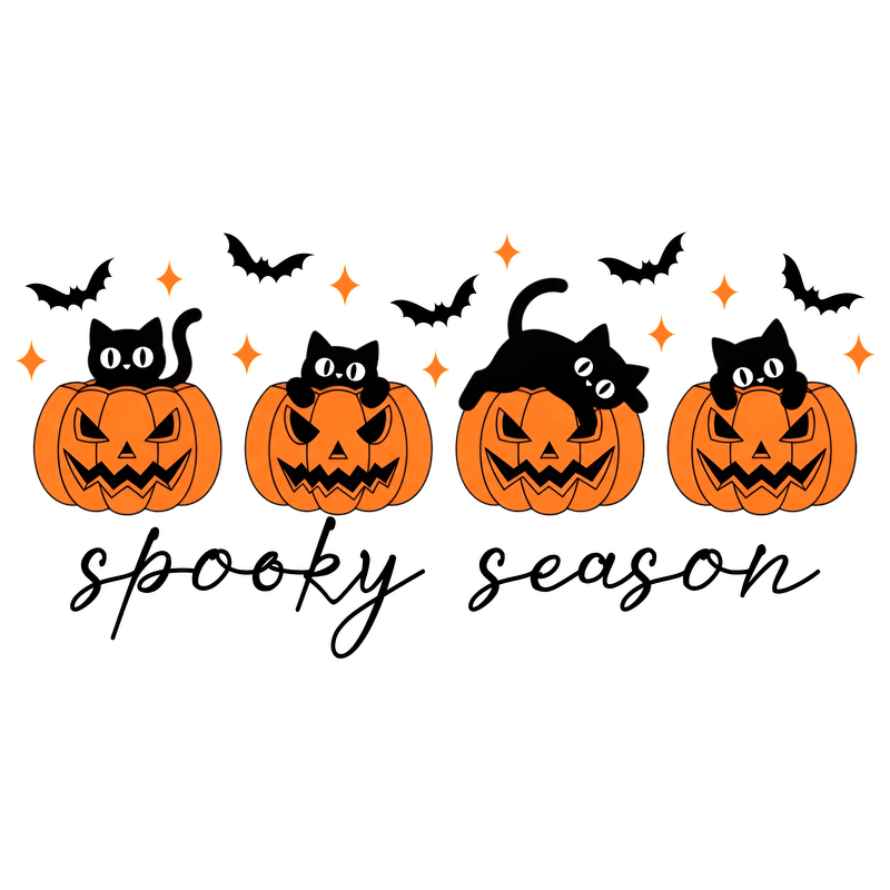 Celebrate Halloween with playful black cats atop carved pumpkins and sparkles!DTF Transfers