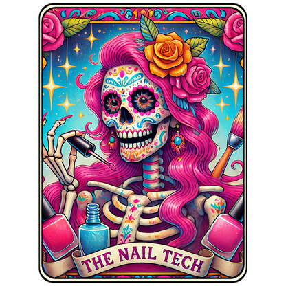 Una vibrante ilustración inspirada en el Día de los Muertos presenta un técnico de uñas esqueleto adornado con flores y esmalte de uñas.