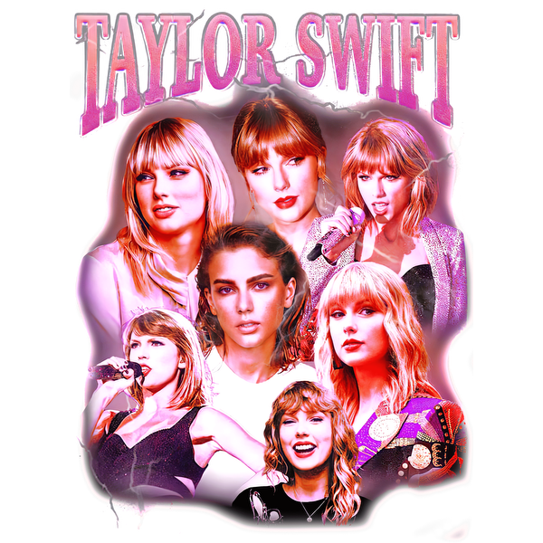 Un collage vibrante de Taylor Swift que muestra diversas actuaciones y estilos, resaltado por el texto en negrita "TAYLOR SWIFT". Transferencias DTF