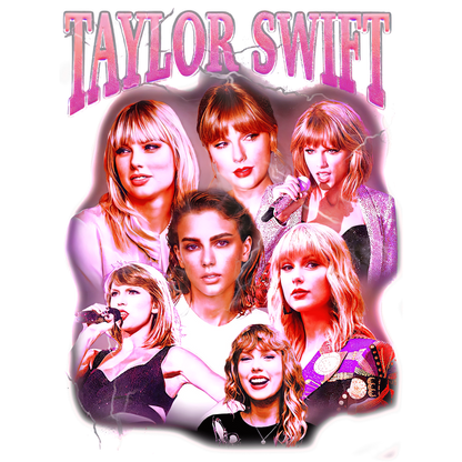 A vibrant collage featuring Taylor Swift with multiple photos showcasing her iconic looks and performances, highlighted by a bold title.DTF Transfers dtf prints