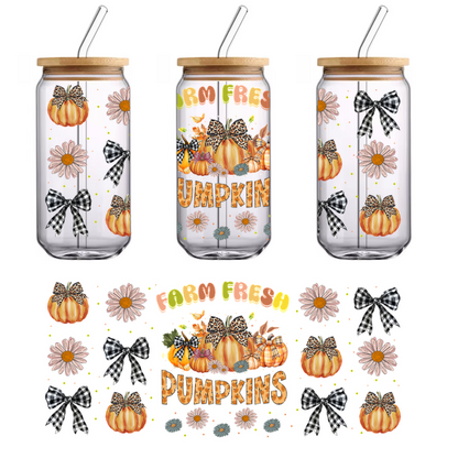 A charming fall-themed design featuring "Farm Fresh Pumpkins" surrounded by pumpkins, daisies, and stylish black-and-white bows.UV Transfersdtf regular iron