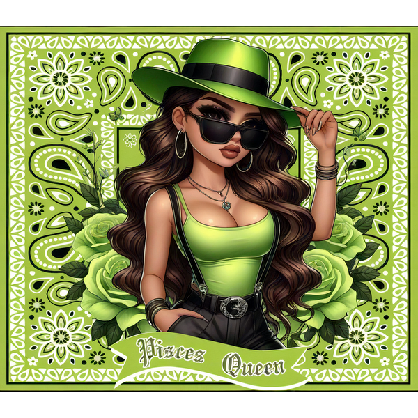 Una elegante ilustración de una mujer segura de sí misma con un traje verde y un sombrero, rodeada de diseños florales, con la etiqueta "Reina Piscis".