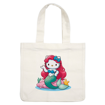 Meet Hello Kitty as a charming mermaid, adorned with a blue seashell top and vibrant red hair, resting on a pink rock.DTF Transfers dtf transfers