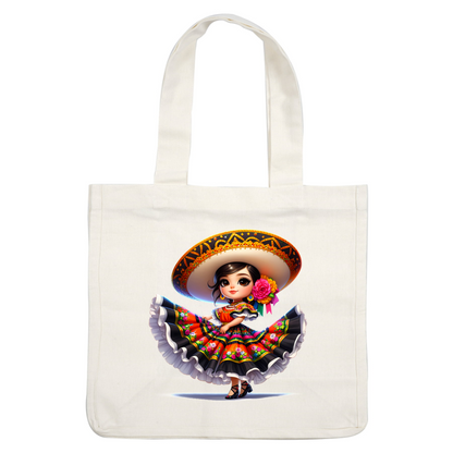 A charming young girl dances in a vibrant traditional dress with a colorful floral pattern, large sombrero, and stylish accessories. heat press transfers