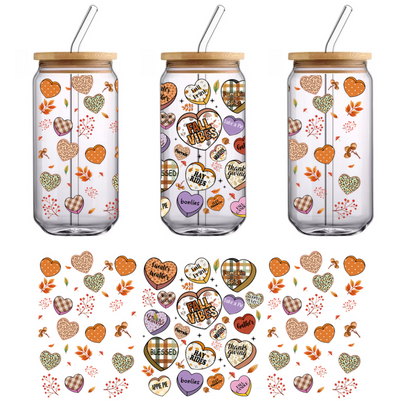 A vibrant autumn-themed graphic featuring colorful hearts with phrases like "Fall Vibes," "Pumpkin Spice," and "Blessed," adorned with leaves.UV Transfersdtf regular iron