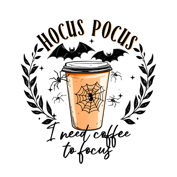 A whimsical autumn-themed coffee cup featuring a spider web design, bats, and the phrase "Hocus Pocus." heat press transfers