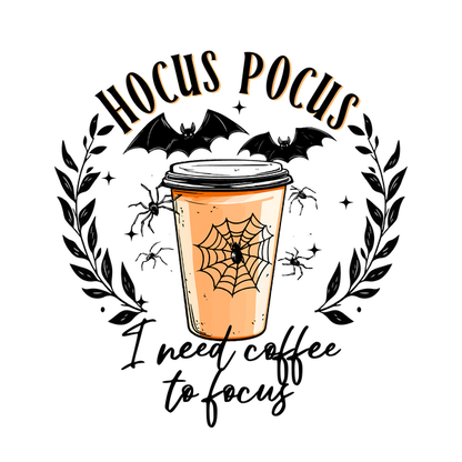 A whimsical autumn-themed coffee cup featuring a spider web design, bats, and the phrase "Hocus Pocus." heat press transfers