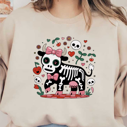 Una caprichosa vaca esqueleto adornada con un lazo rosa, rodeada de flores de colores, corazones y calaveras divertidas.