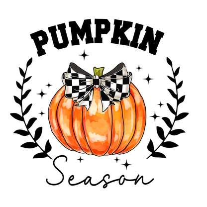 A vibrant orange pumpkin adorned with a stylish black and white checkered bow, perfect for autumn decorations. heat press transfers