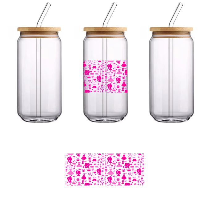 A vibrant pink pattern featuring playful cartoon-like characters and designs.UV Transfers