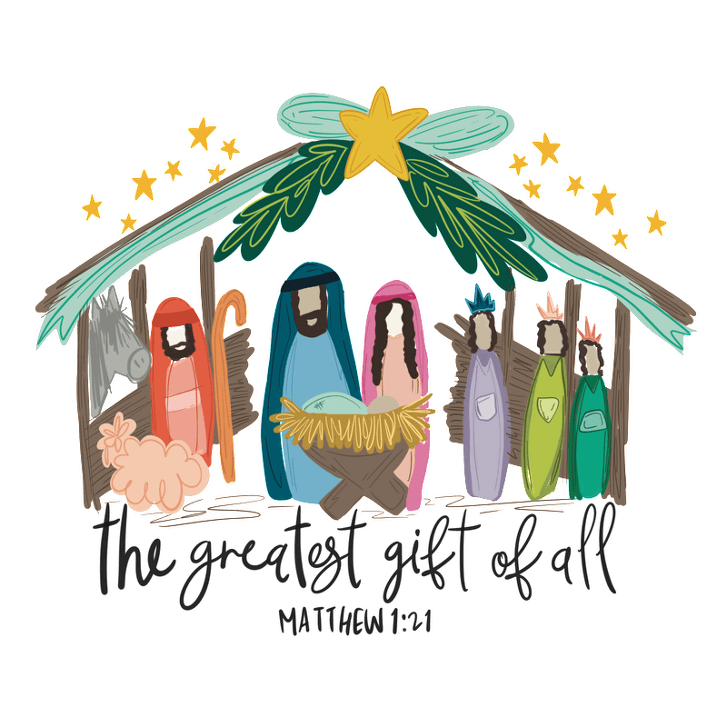A whimsical illustration of a nativity scene, featuring colorful figures around a manger, with "the greatest gift of all" text.DTF Transfers
