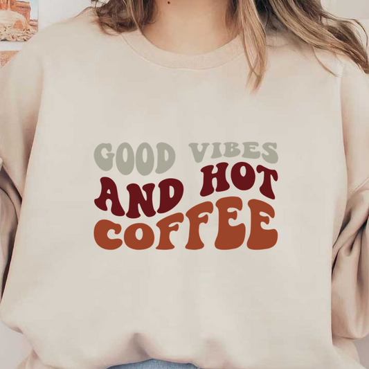 Un diseño de texto vibrante y divertido que presenta la frase “Buenas vibraciones y café caliente” en colores cálidos y atrevidos.