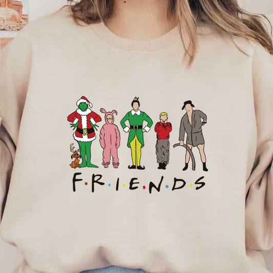 A festive and whimsical design featuring iconic characters celebrating holidays, complete with a playful "F.R.I.E.N.D.S" theme.DTF Transfersdtf regular iron heat press transfers