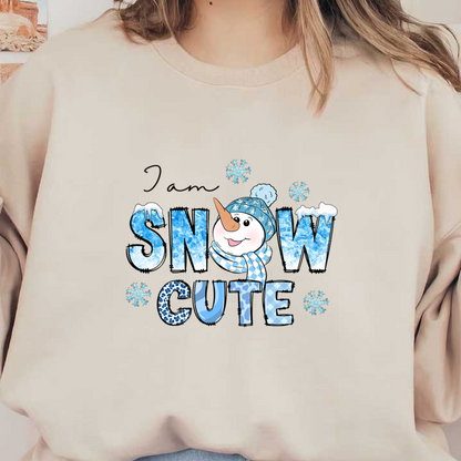 A cheerful snowman with a blue hat and scarf, surrounded by snowflakes, highlights the playful "SNOW CUTE" text. dtf transfers