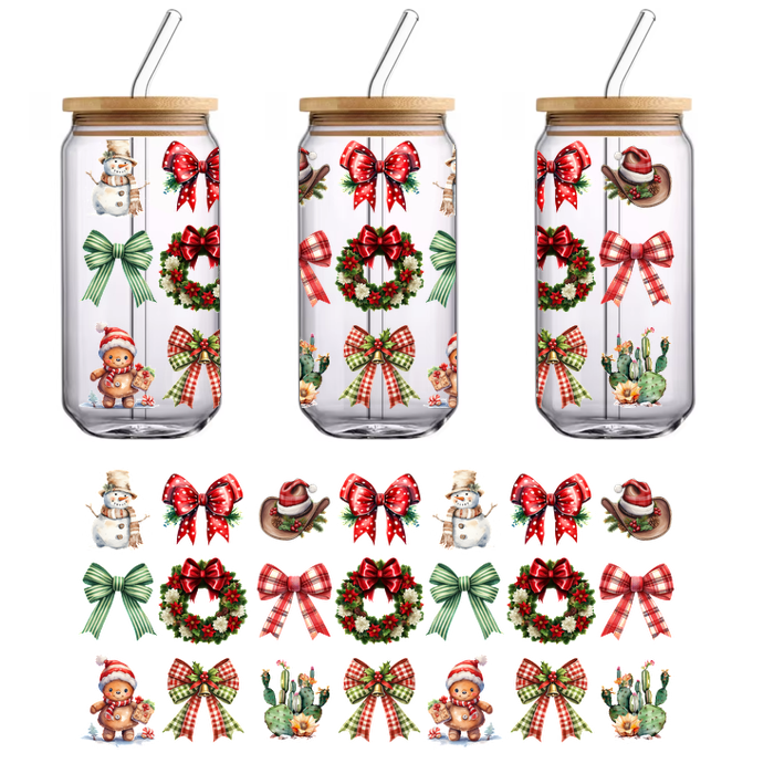 A festive collection of Christmas-themed decorations, featuring snowmen, wreaths, bows, and cheerful characters, perfect for holiday cheer.UV Transfersdtf regular iron