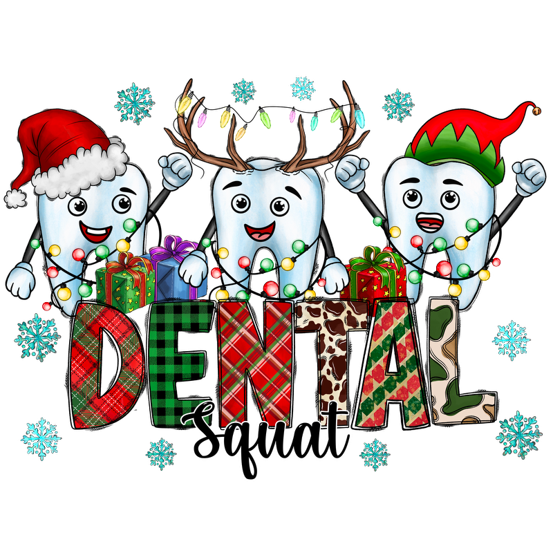 Celebrate the festive spirit with cheerful cartoon teeth in holiday attire, surrounded by gifts, lights, and snowflakes!DTF Transfers dtf transfersdtf regular iron