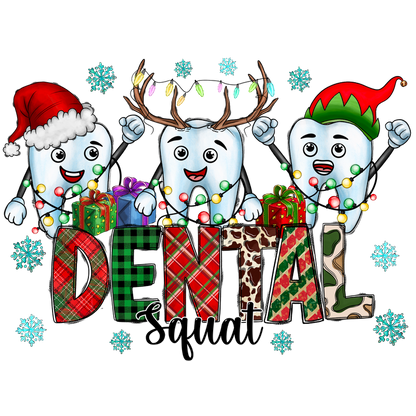 Celebrate the festive spirit with cheerful cartoon teeth in holiday attire, surrounded by gifts, lights, and snowflakes!DTF Transfers dtf transfersdtf regular iron