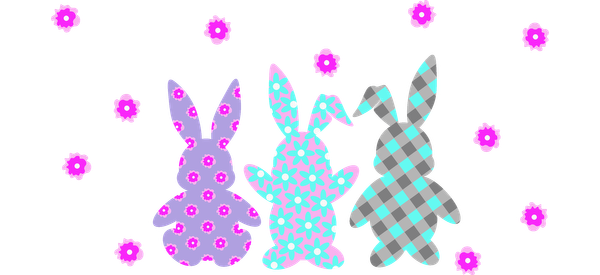 Three colorful, patterned rabbits stand together against a cheerful backdrop of pink flowers, celebrating a whimsical spring vibe.UV Transfers