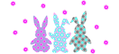 Three colorful, patterned rabbits stand together against a cheerful backdrop of pink flowers, celebrating a whimsical spring vibe.UV Transfers