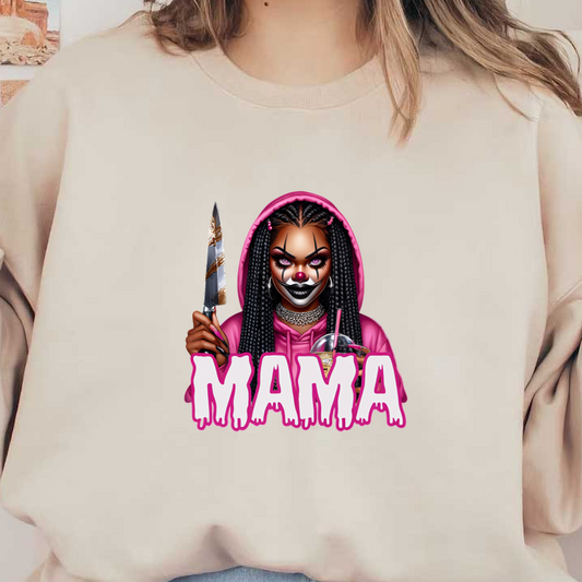 Una ilustración audaz y artística de una figura inspirada en un payaso que viste una sudadera con capucha rosa, sostiene un cuchillo y una bebida, con la etiqueta "MAMA".