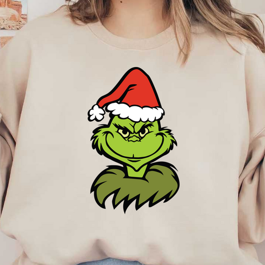 Cheerful green character with a sly grin, wearing a festive red Santa hat, perfect for holiday-themed decorations!DTF Transfers heat press transfersdtf regular iron