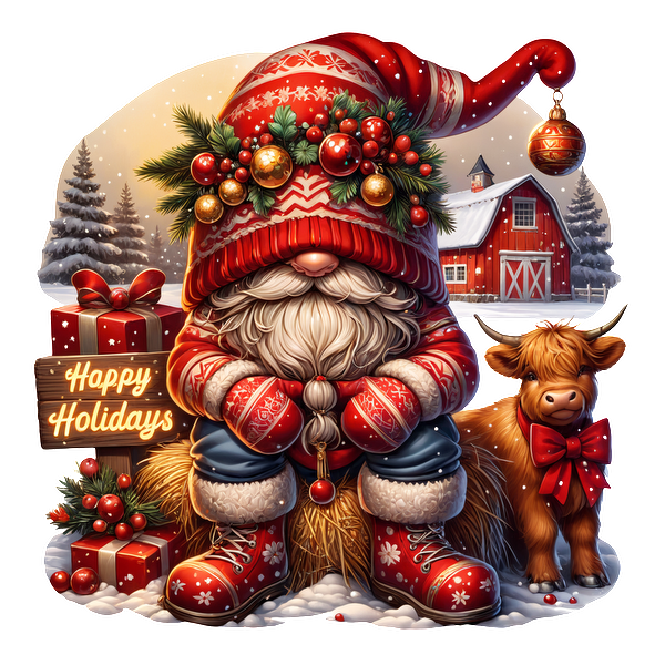 A festive gnome in a red and white outfit sits next to a cow, surrounded by holiday gifts and decorations.DTF Transfers heat press transfers