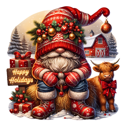 A festive gnome in a red and white outfit sits next to a cow, surrounded by holiday gifts and decorations.DTF Transfers heat press transfers