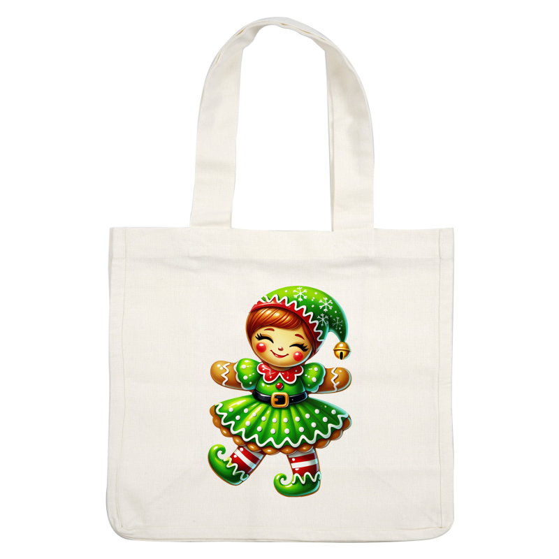 A cheerful gingerbread girl character in a festive green dress with red accents and a playful elf hat.DTF Transfers heat press transfers